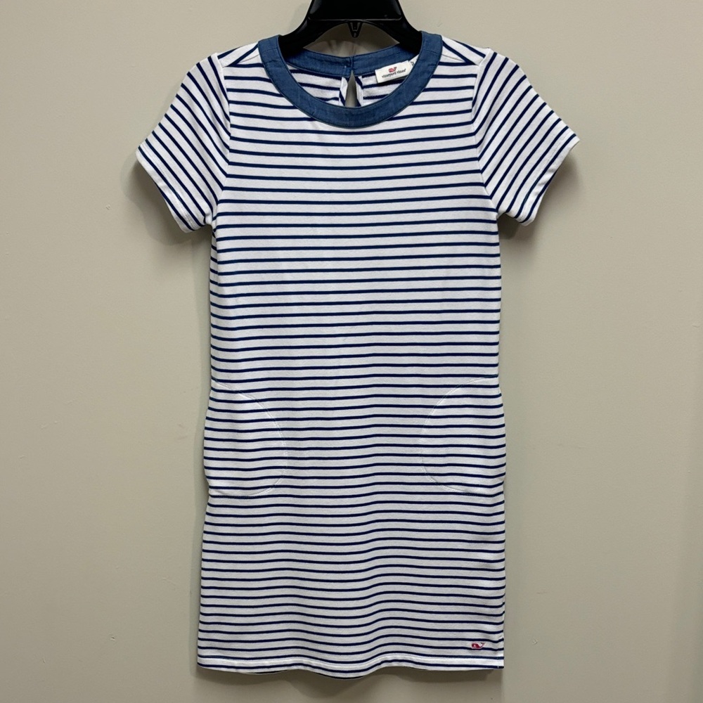 VINEYARD VINES Short Sleeve Stripe Pockets Shift Dress French Terry Girl SZ L 14